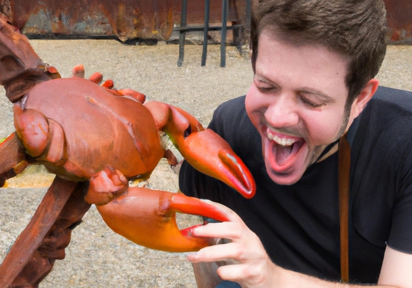 DALL·E 2023-03-11 16.18.30 - a person (sticking tongue out) about to lick a medium sized rusty crab made of iron.